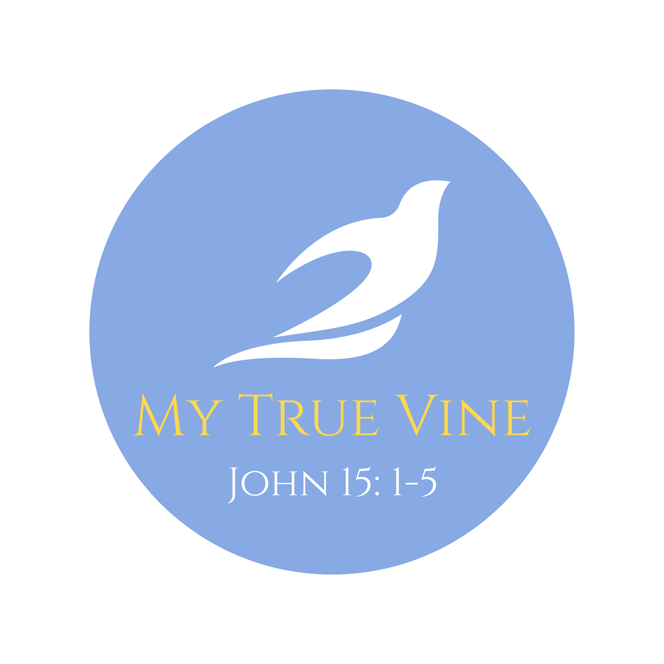 My True Vine logo with a white dove on a blue background. The white dove represents the Holy Spirit who testifies to Jesus' statement: "I am the true vine and my father is the gardener ...". 